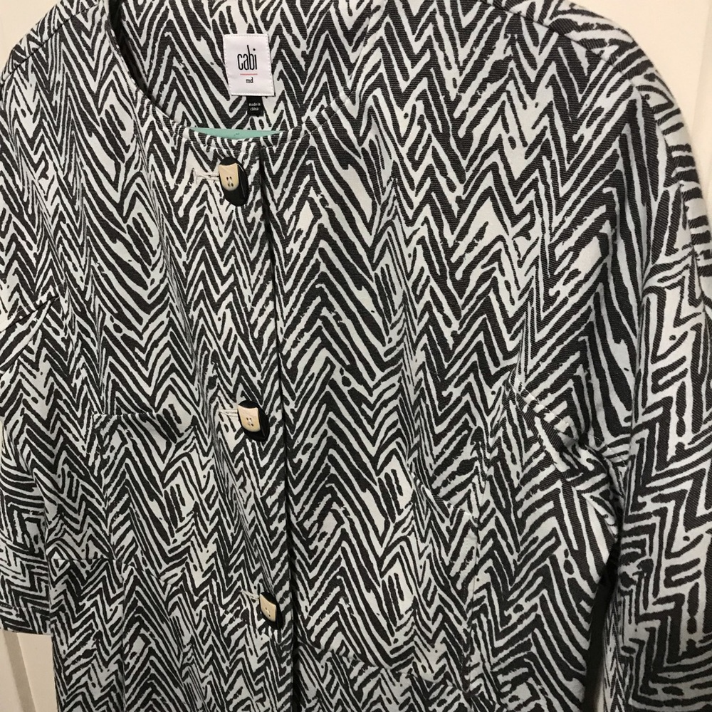 Black White Long Jacket CABI Knit Ponte Zig Zag  Medium 3034 blazer Fall